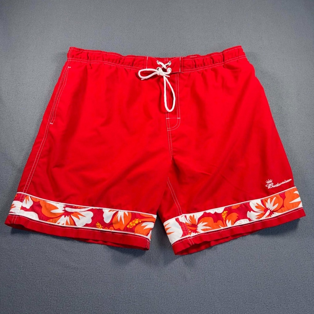 Budweiser Tropical Swim Trunks Mens L Red Beach Rays 40x8 Mesh Lined